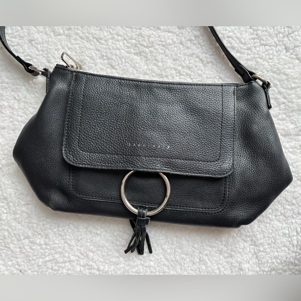 Sanctuary Black Genuine Leather Crossbody Bag w/ Ring Detail Adjustable Strap